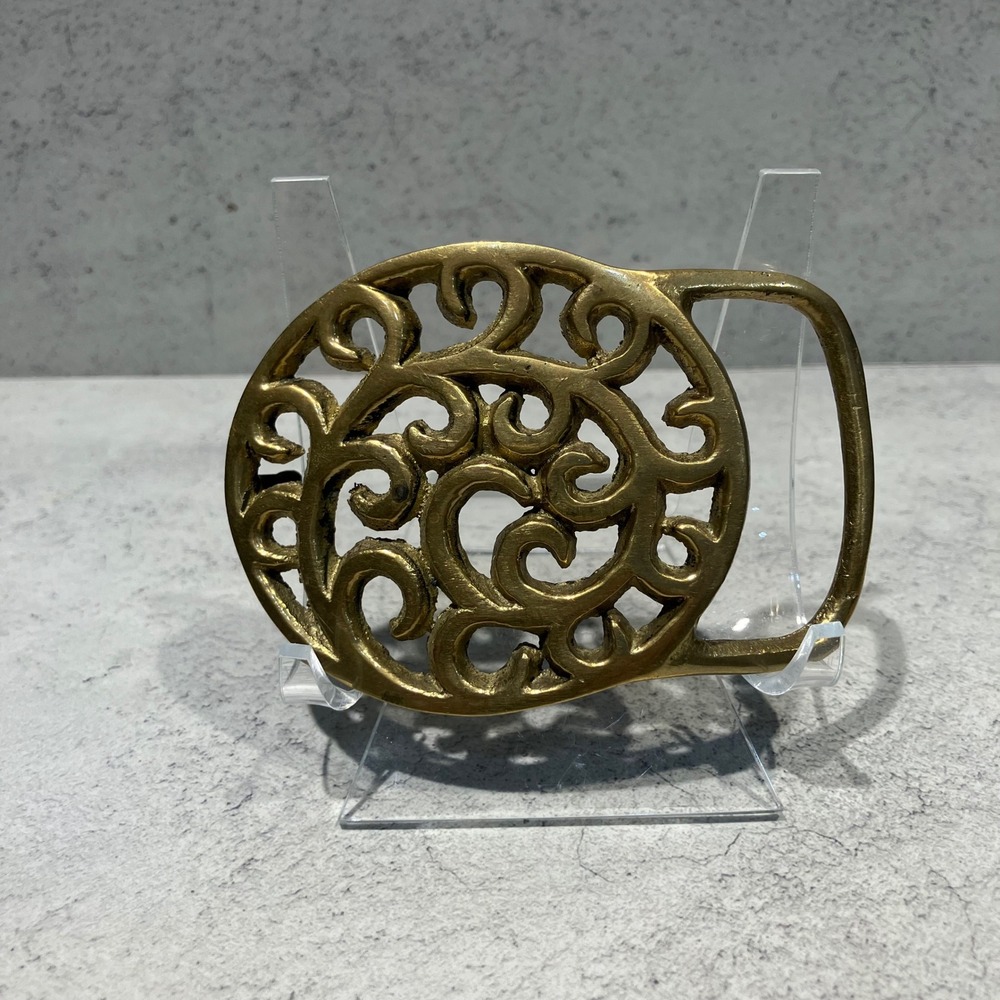 Vintage Solid Brass Filigree Scroll Belt Buckle Taiwan 234 Boho Western Oval